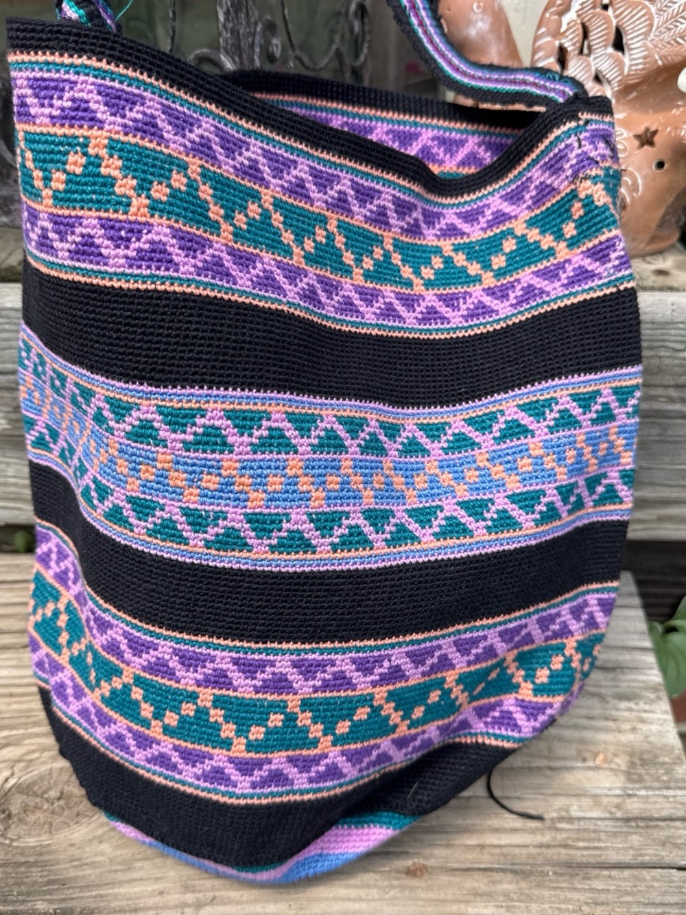 Guatemala Handwoven Black bag with Teal, Purple & Peach Geometric Stripes